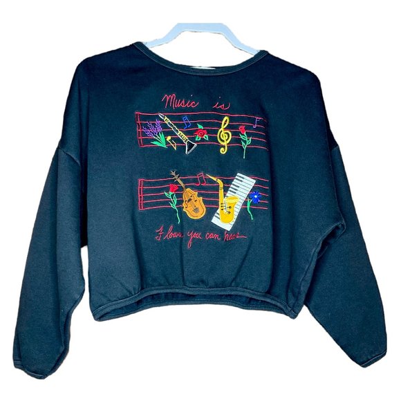 Unique Vintage Tops - Vintage Cropped Crew Neck Black Music Embroidered Floral Sweatshirt Size L